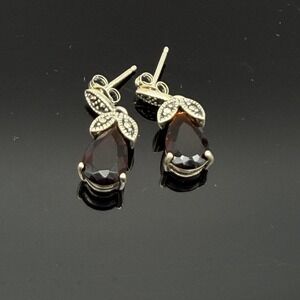 Sterling Silver Drop Pierced Earrings Teardrop Dark Brown Crystal Marcasite